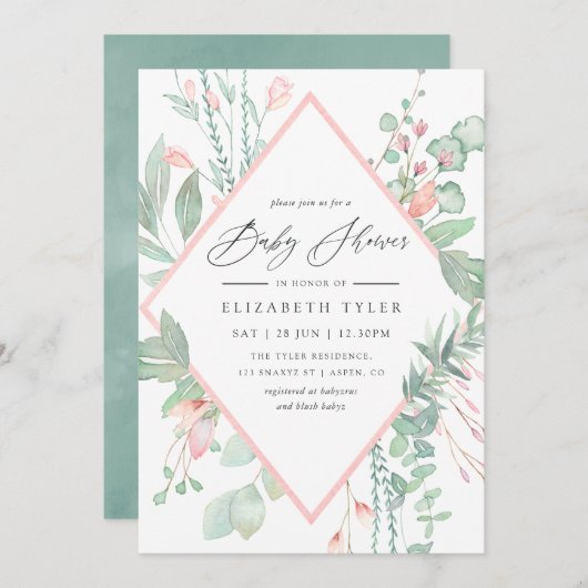 Invitation Pastel Blush Greenery Baby shower géométrique (Devant / Derrière)