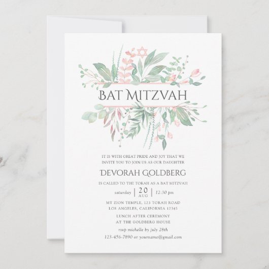 Invitation Pastel Blush Greenery Bat mitzvah (Devant)