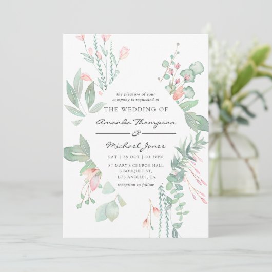 Invitation Pastel Blush Greenery Mariage (Debout devant)