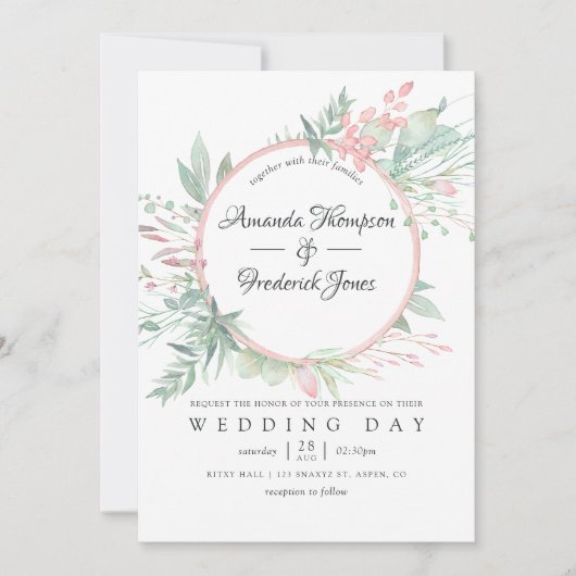 Invitation Pastel Blush Greenery Mariage géométrique (Devant)