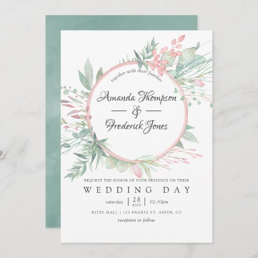 Invitation Pastel Blush Greenery Mariage géométrique (Devant / Derrière)