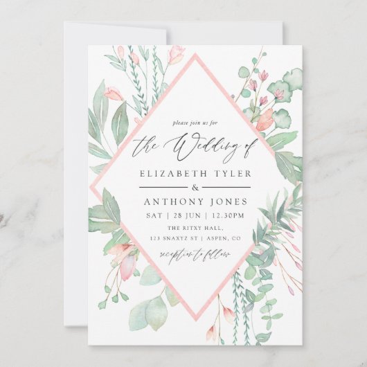 Invitation Pastel Blush Greenery Mariage géométrique (Devant)