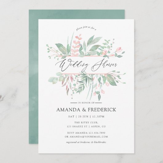 Invitation Pastel Blush Greenery Wedding shower (Devant / Derrière)