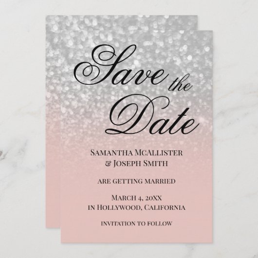 Invitation Pastel Blush Ombre Parties scintillant argent Enre (Devant / Derrière)