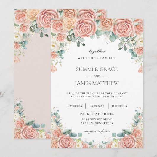 Invitation Pastel Blush Peach Ivory Floral Rose Mariage (Devant / Derrière)