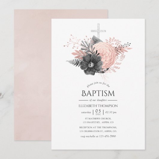 Invitation Pastel Blush rose et charbon de bois Baptême flora (Devant / Derrière)