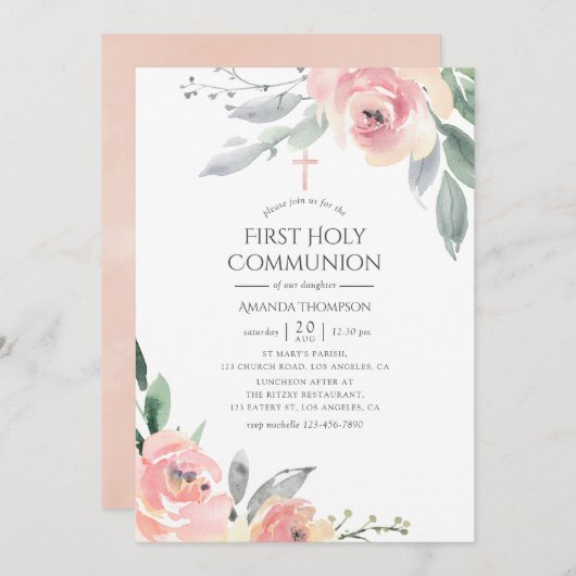 Invitation Pastel Blush Rose Floral Première Sainte Communion (Devant / Derrière)