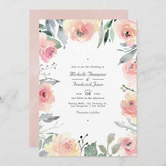 Invitation Pastel Blush rose Floral QR Code RSVP Mariage (Devant / Derrière)