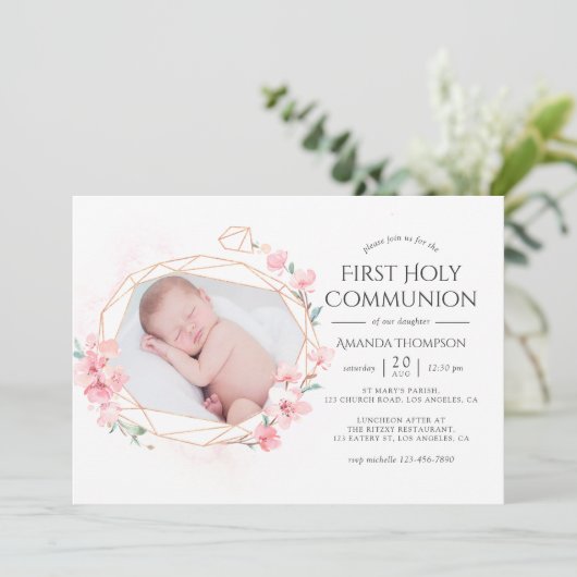 Invitation Pastel Blush rose Géométrique Floral Sainte Commun (Debout devant)