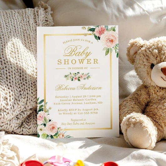 Invitation Pastel Blushing rose Floral Gold Baby shower fille