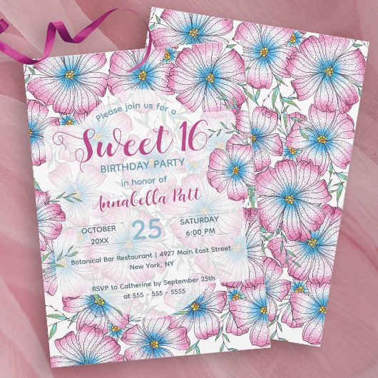 Invitation Pastel bohème Floral rose bleu doux 16