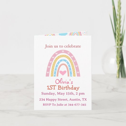 Invitation Pastel Boho Arc-en-ciel avec Coeurs Fille annivers (Devant)