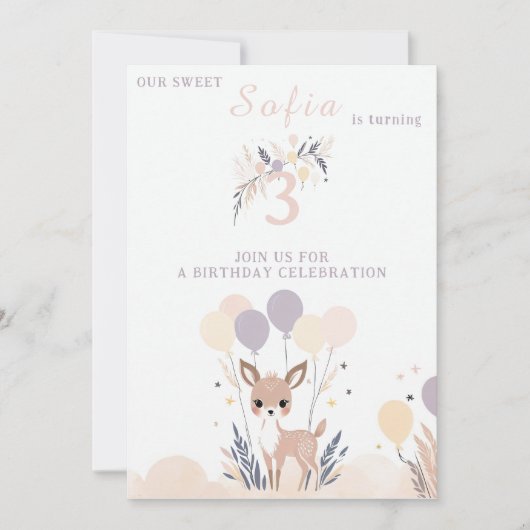 Invitation Pastel Boho Fawn et Ballons Anniversaire (Devant)