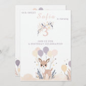 Invitation Pastel Boho Fawn et Ballons Anniversaire (Devant / Derrière)