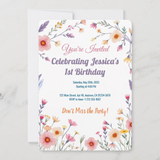 Invitation Pastel Boho Fleur sauvage Birthday Card Design