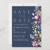 Invitation Pastel Boho Fleur sauvage Marine Bleu Enregistrer  (Devant)