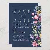 Invitation Pastel Boho Fleur sauvage Marine Bleu Enregistrer  (Devant / Derrière)