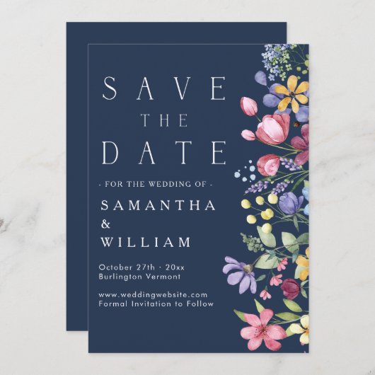 Invitation Pastel Boho Fleur sauvage Marine Bleu Enregistrer  (Devant / Derrière)