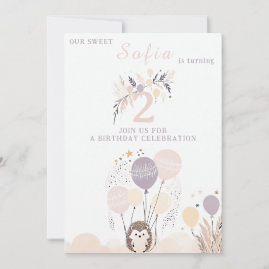 Invitation Pastel Boho Hedgehog et Balloons Anniversaire (Devant)