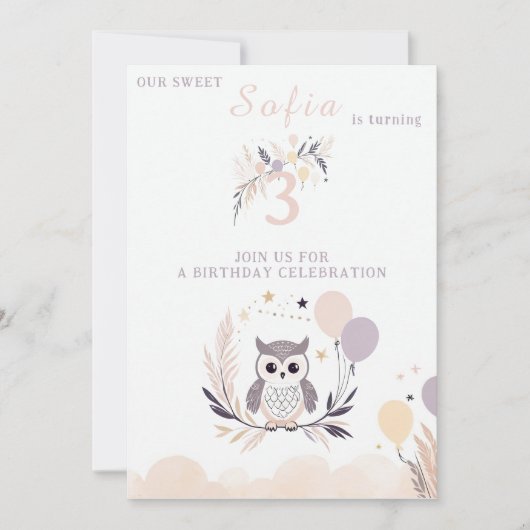 Invitation Pastel Boho Owl et Balloons Anniversaire (Devant)