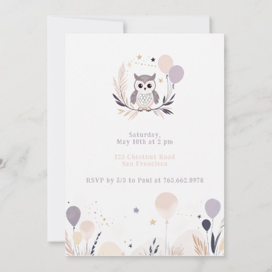 Invitation Pastel Boho Owl et Balloons Anniversaire (Dos)