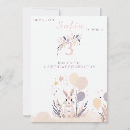 Invitation Pastel Boho Rabbit et Ballons Anniversaire (Devant)