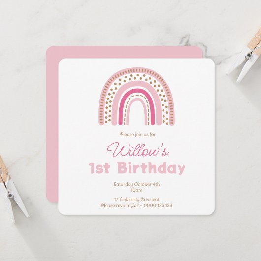Invitation Pastel Boho Rainbow Minimalist Girl 1er anniversai (Devant/Arrière en situation)