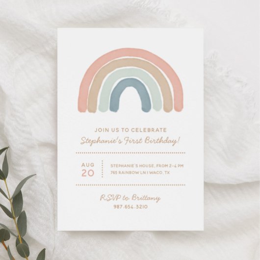 Invitation Pastel Boho Watercolor Rainbow Girl Anniversaire