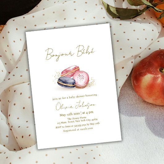 Invitation Pastel Bonjour Bébé Baby shower Français Macarons