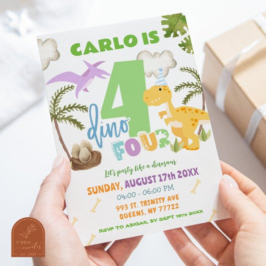Invitation Pastel Boy Dinosaur 4e fête d'anniversaire