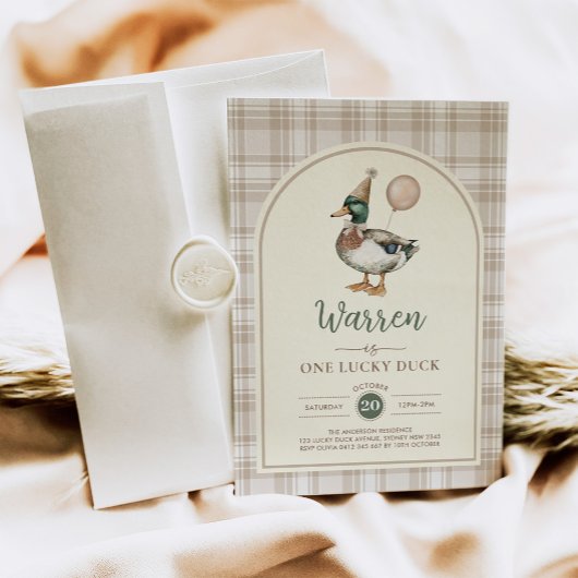 Invitation Pastel Brown One Lucky Duck Balloon 1er anniversai