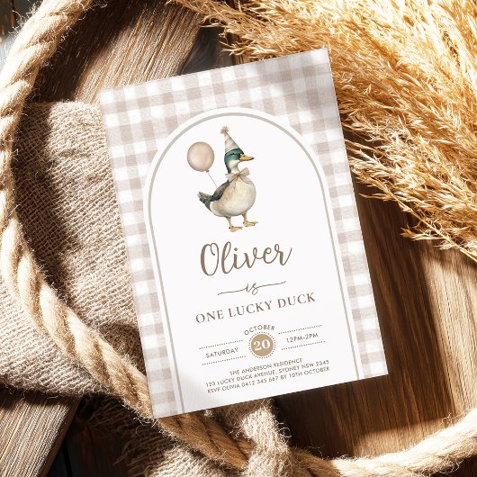 Invitation Pastel Brown One Lucky Duck Balloon 1er anniversai