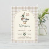 Invitation Pastel Brown One Lucky Duck Balloon 1er anniversai (Debout devant)