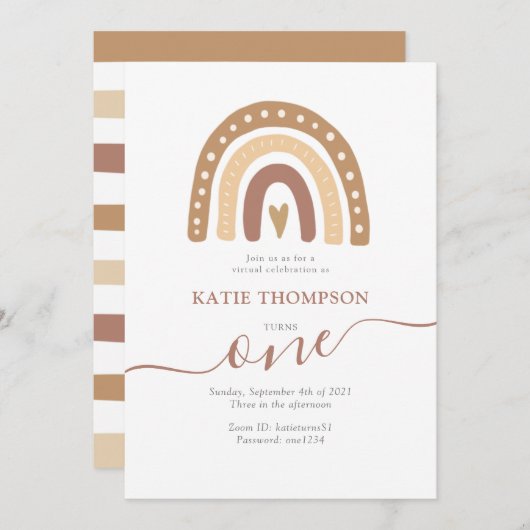 Invitation Pastel Brown Rainbow Boho Virtuel Premier annivers (Devant / Derrière)