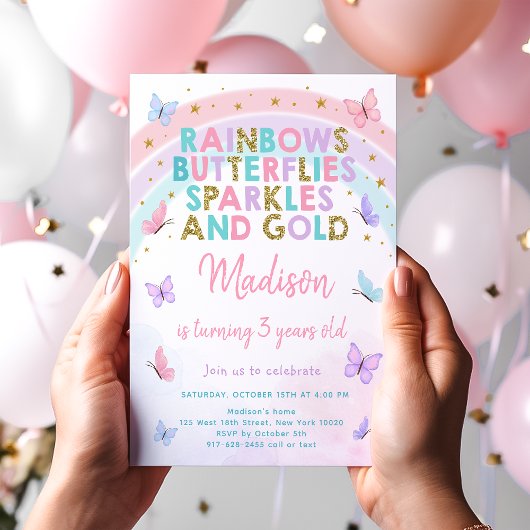 Invitation Pastel Butterfly Rainbow Birthday