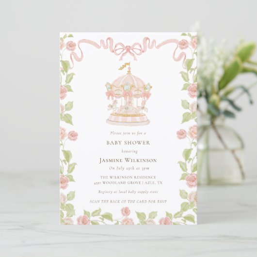 Invitation Pastel Carousel Baby Shower with rsvp QR code (Debout devant)