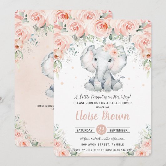 Invitation Pastel Chic Blush Floral Elephant Baby shower (Devant / Derrière)
