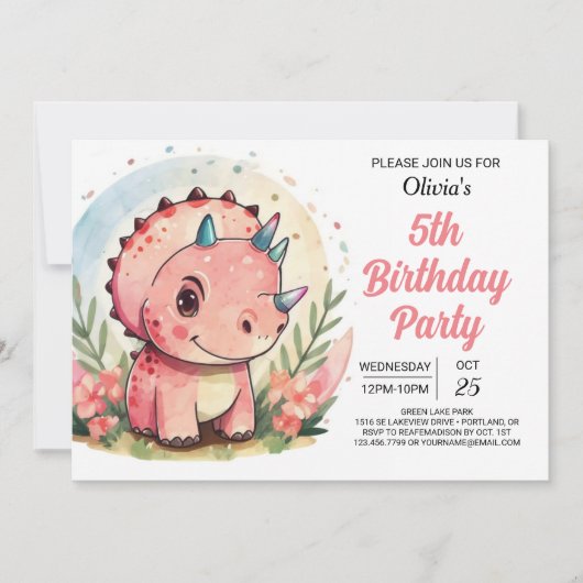 Invitation Pastel Chic Editable Dinosaur Fille Anniversaire (Devant)