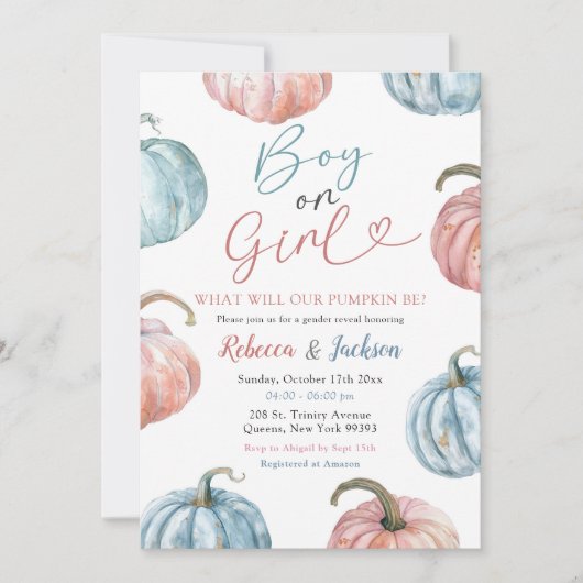 Invitation Pastel Citrouille Garçon ou fille Automne Révélati (Devant)