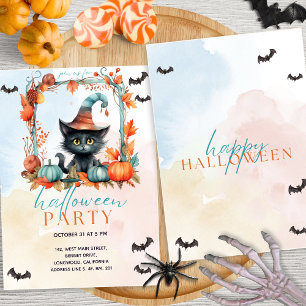 Invitation Pastel Citrouille Patch Chat noir Halloween Party