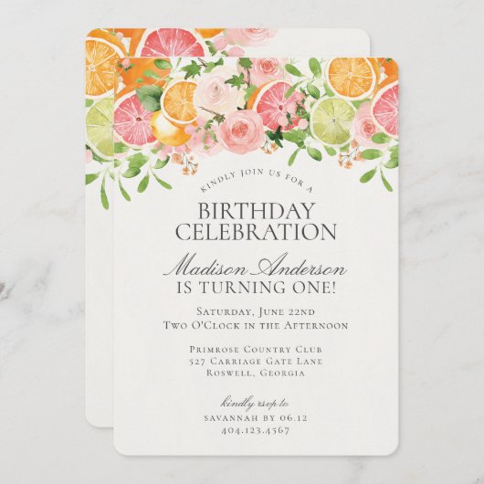 Invitation Pastel Citrus Floral Little Cutie Fête d'anniversa (Devant / Derrière)