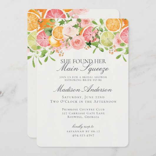 Invitation Pastel Citrus Floral Squeeze Fête des mariées prin (Devant / Derrière)