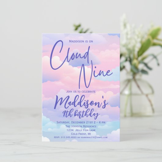 Invitation Pastel Cloud 9 Filles 9e anniversaire (Debout devant)