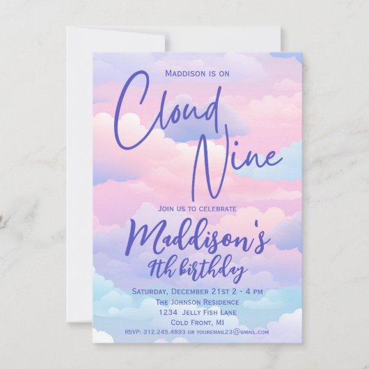 Invitation Pastel Cloud 9 Filles 9e anniversaire (Devant)