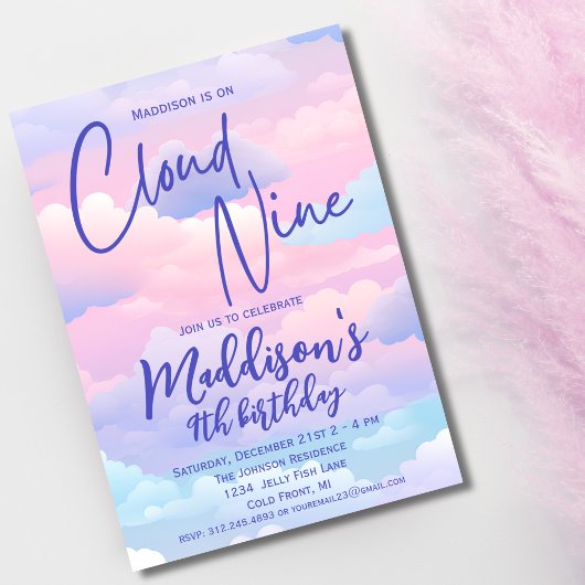 Invitation Pastel Cloud 9 Filles 9e anniversaire