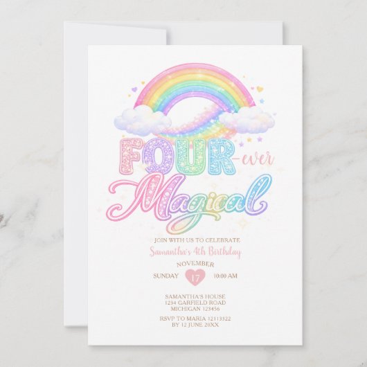 Invitation Pastel Cloud Magical Rainbow 4th birthday  (Devant)