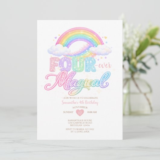 Invitation Pastel Cloud Magical Rainbow 4th birthday  (Debout devant)