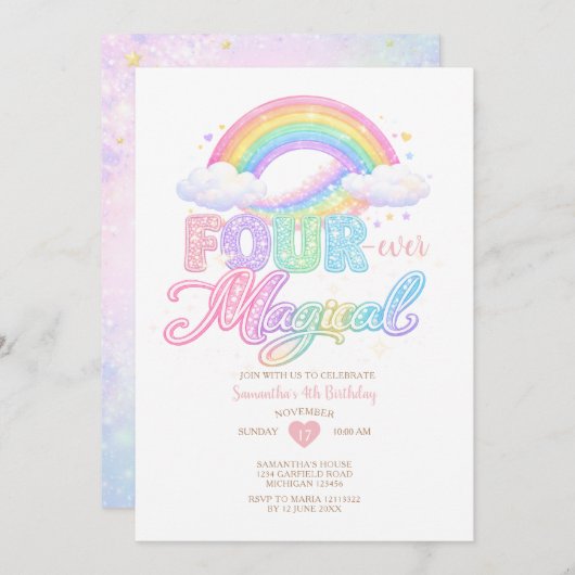 Invitation Pastel Cloud Magical Rainbow 4th birthday  (Devant / Derrière)