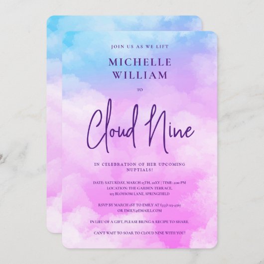 Invitation Pastel Cloud Neuf Aquarelle Violet Fête des mariée (Devant / Derrière)