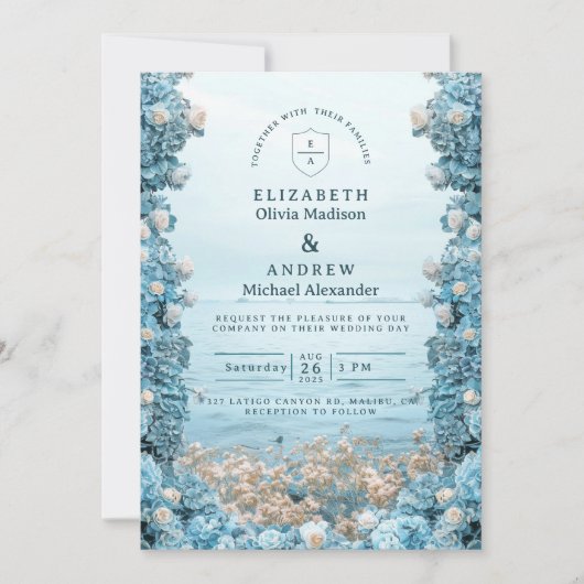 Invitation Pastel Coastal Blue Florals Wedding (Devant)